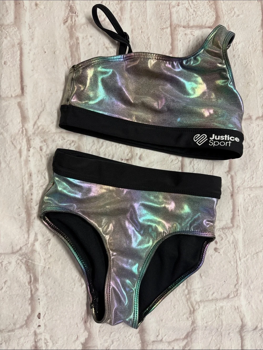 Justice Iridescent Shell Two-Piece Swim Set with Black Trim